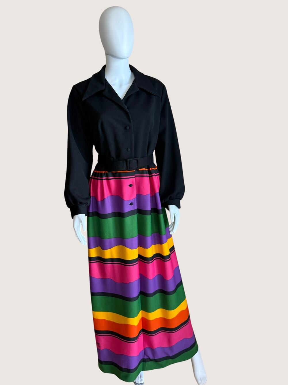 Vintage Black Belted Maxi Dress Rainbow Stripe Skirt Long Sleeve